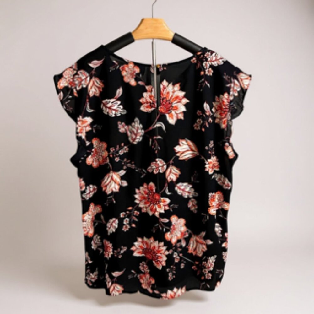 Liz Claiborne Black Red Floral Ruffle Sleeve Blouse Top Size XL